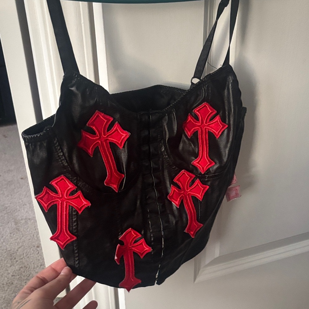 Handmade Black and Red Cross Embellished Top
